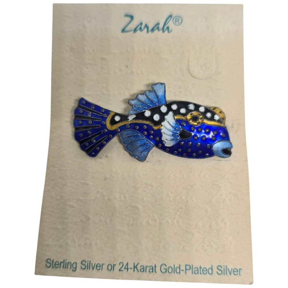 Zarah 925 Sterling Enamel Blue Boxfish Brooch Pin Hand Painted by Linda Bolhuis - Picture 2 of 7